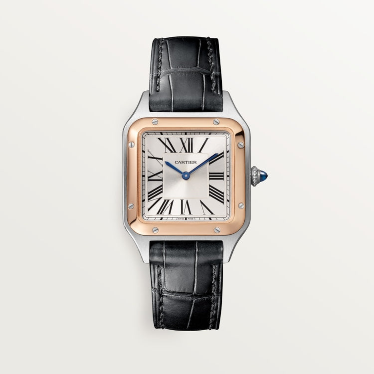 Santos-Dumont Small 38mm x 27.5mm Steel Rose Gold Bezel Silvered Satin-Finish Dial Black Alligator Strap Quartz Watch