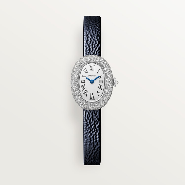 Baignoire Mini 18K White Gold Diamond Silvered Dial Navy Blue Patent Leather Strap Watch