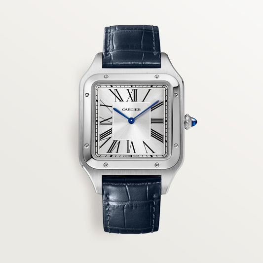 Santos-Dumont Extra-Large 46.6mm x 33.9mm Steel Silvered Satin-Finish Dial Navy Blue Alligator Strap Manual-Winding Watch