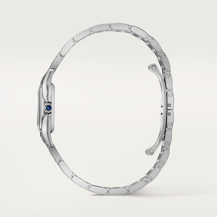 ساعة Panthère de Cartier، طراز صغير، 30 مم × 23 مم، فولاذ، تاج أزرق، ميناء فضي، سوار من الفولاذ، حركة كوارتز