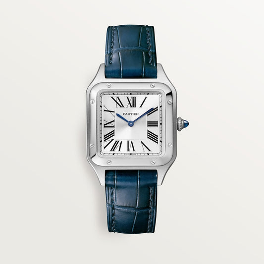 Santos-Dumont Small 38mm x 27.5mm Steel Blue Crown Silver Sunray Dial Navy Blue Alligator Strap Quartz Watch