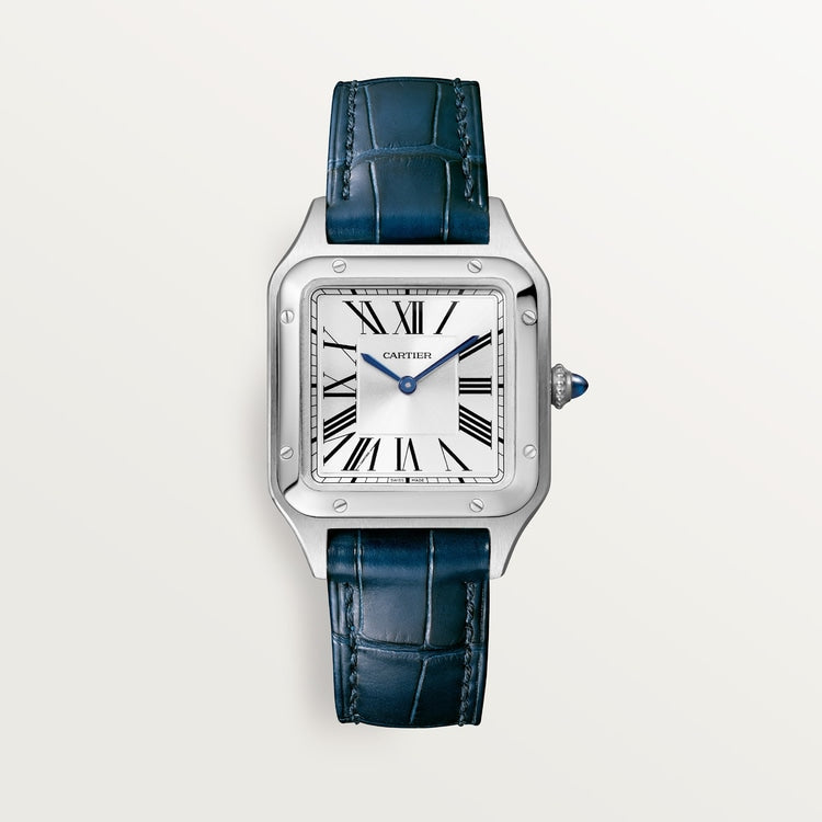 Santos-Dumont Small 38mm x 27.5mm Steel Blue Crown Silver Sunray Dial Navy Blue Alligator Leather Strap Quartz Watch