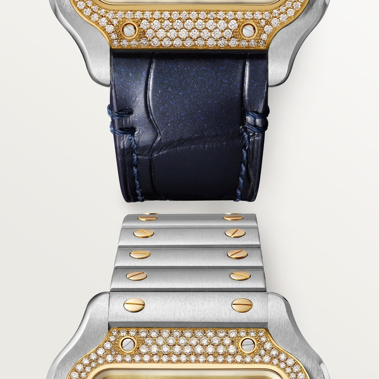 Santos de Cartier Medium 35.1mm Steel Yellow Gold Bezel Diamond-Set Golden Sunray Dial Steel Bracelet Self-Winding Watch
