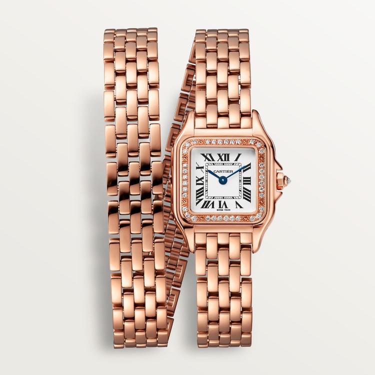 Panthère Small 30.3mm x 22.0mm Rose Gold Diamond Bezel Diamond Crown Silvered Dial Rose Gold Bracelet Quartz Watch