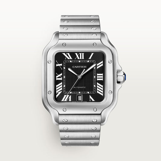 Santos de Cartier Large 39.8mm Steel Blue Crown Black Dial Steel Bracelet Self-Winding Watch