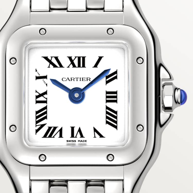 ساعة Panthère de Cartier ميني، 25 مم × 19 مم، من الفولاذ، تاج أزرق، ميناء فضي، سوار من الفولاذ، حركة كوارتز