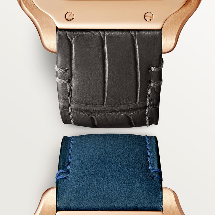 Santos de Cartier Medium 35.1mm Rose Gold Blue Crown Opaline Silver Dial Alligator Leather Strap Automatic Watch