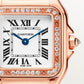 ساعة Panthère de Cartier صغيرة مقاس 22 مم × 30 مم، إطار مرصع بالألماس، تاج مرصع بالألماس، ميناء فضي، سوار من ذهب وردي، حركة كوارتز