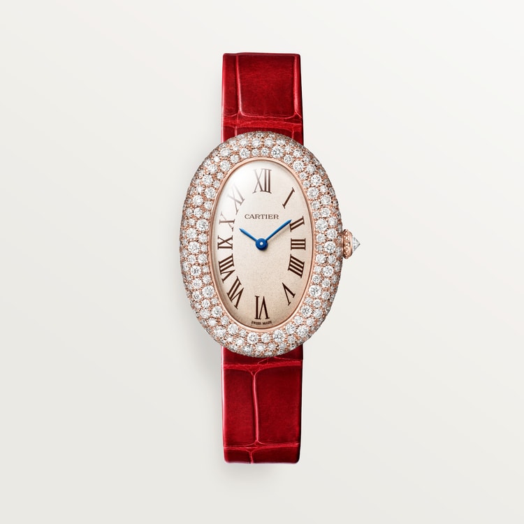 Baignoire Mini 18K Rose Gold Diamond Silvered Dial Red Alligator Strap Watch