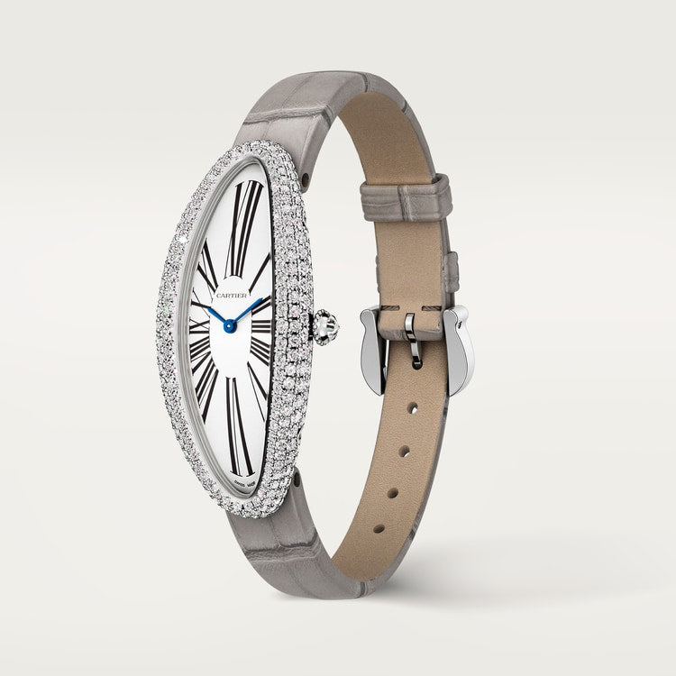 Baignoire Allongée 18K White Gold Diamond Silvered Dial Light Gray Alligator Strap Watch