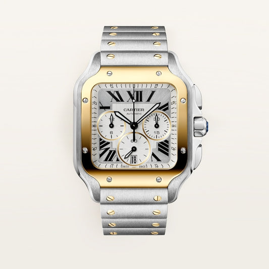 Santos de Cartier Large 47.5mm Steel Yellow Gold Chronograph Silvered Dial Steel Bracelet Self-Winding Watch