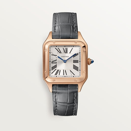 Santos-Dumont Small 38mm x 27.5mm Rose Gold Blue Crown Silver Dial Gray Alligator Strap Quartz Watch