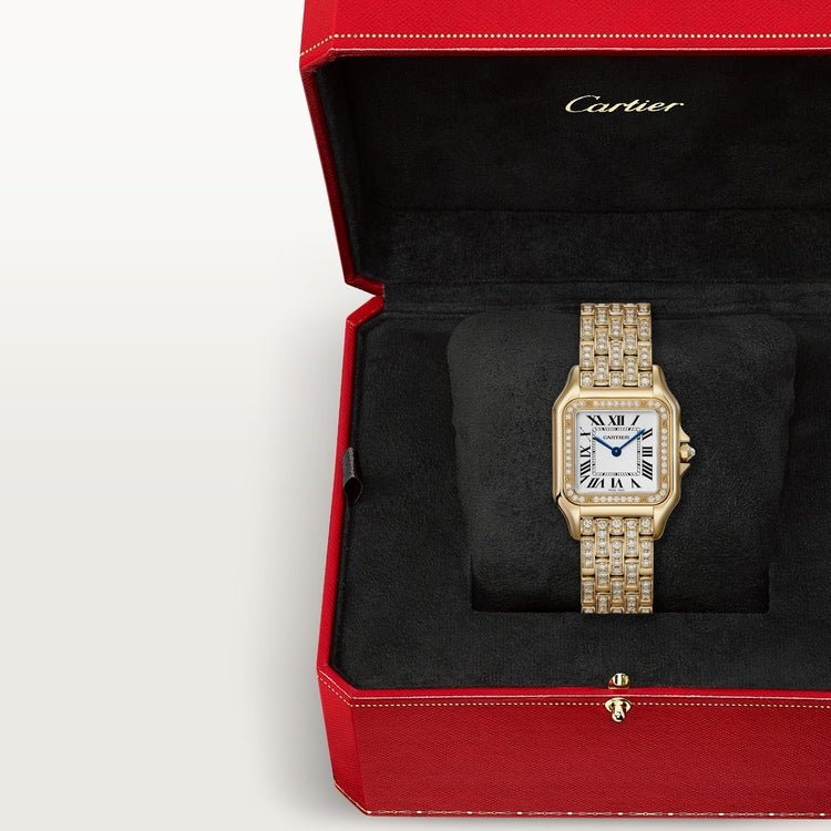 Panthère Medium 36.5mm x 26.7mm Yellow Gold Diamond Bezel Diamond Crown Silvered Dial Yellow Gold Diamond Bracelet Quartz Watch