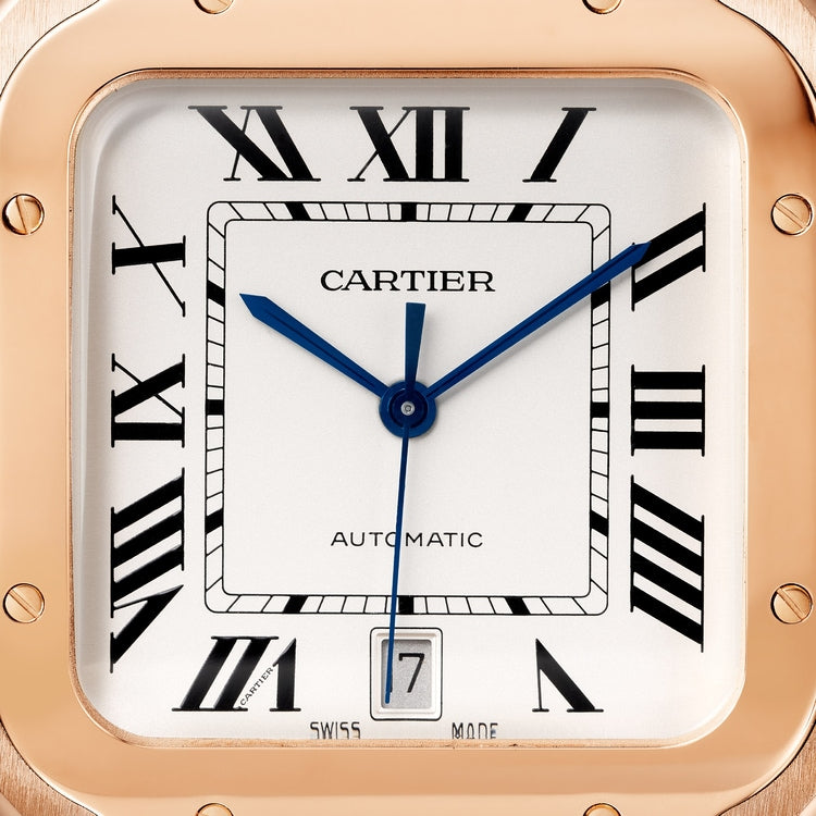 Santos Large 39.8mm Rose Gold Blue Crown Silvered Opaline Dial Rose Gold Bracelet Self-Winding Watch