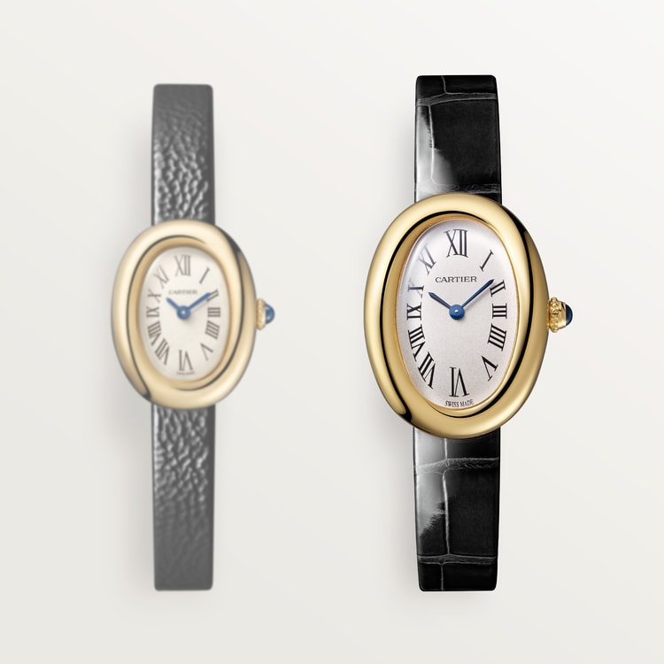 Baignoire Mini 18K Yellow Gold Silvered Dial Black Alligator Strap Watch
