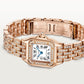 ساعة Panthère de Cartier صغيرة مقاس 30.3 مم × 22 مم، مصنوعة من ذهب وردي، إطار مرصع بالألماس، تاج مرصع بالألماس، ميناء فضي، وسوار من ذهب وردي مرصع بالألماس، تعمل بحركة كوارتز.