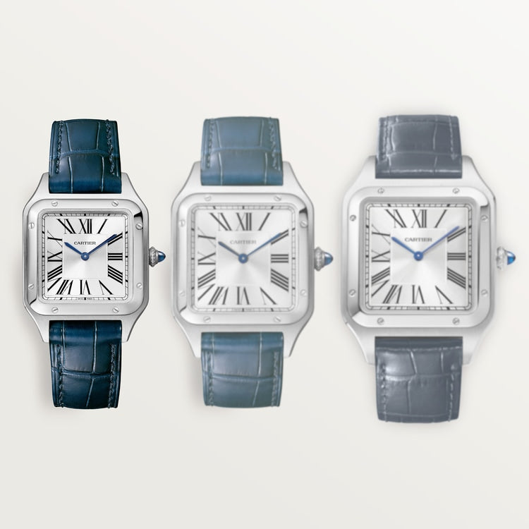 Santos-Dumont Small 38mm x 27.5mm Steel Blue Crown Silver Sunray Dial Navy Blue Alligator Leather Strap Quartz Watch