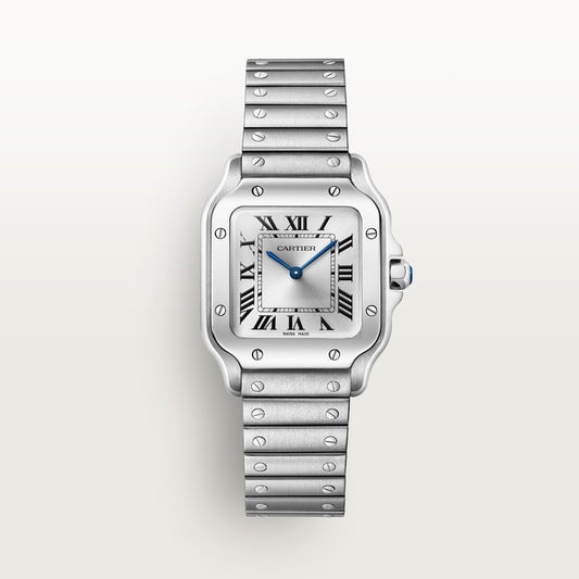 Santos de Cartier Small 34.5mm x 27mm Steel Blue Crown Silver Sunray Dial Steel Bracelet Quartz Watch