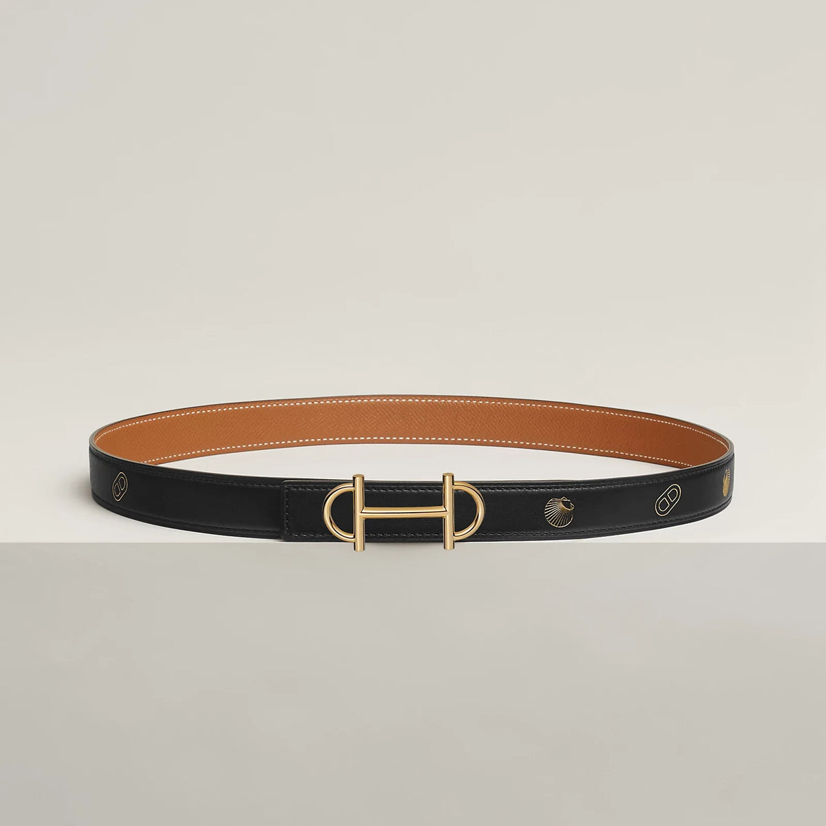 NOIR / GOLD-HAVANE / MAUVE PÂLE  GAMMA BELT BUCKLE & REVERSIBLE LEATHER STRAP 24 MM