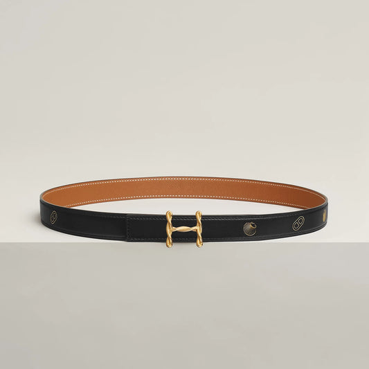 NOIR / GOLD- HAVANE / MAUVE PÂLE  H TORSADE BELT BUCKLE & REVERSIBLE LEATHER STRAP 24 MM
