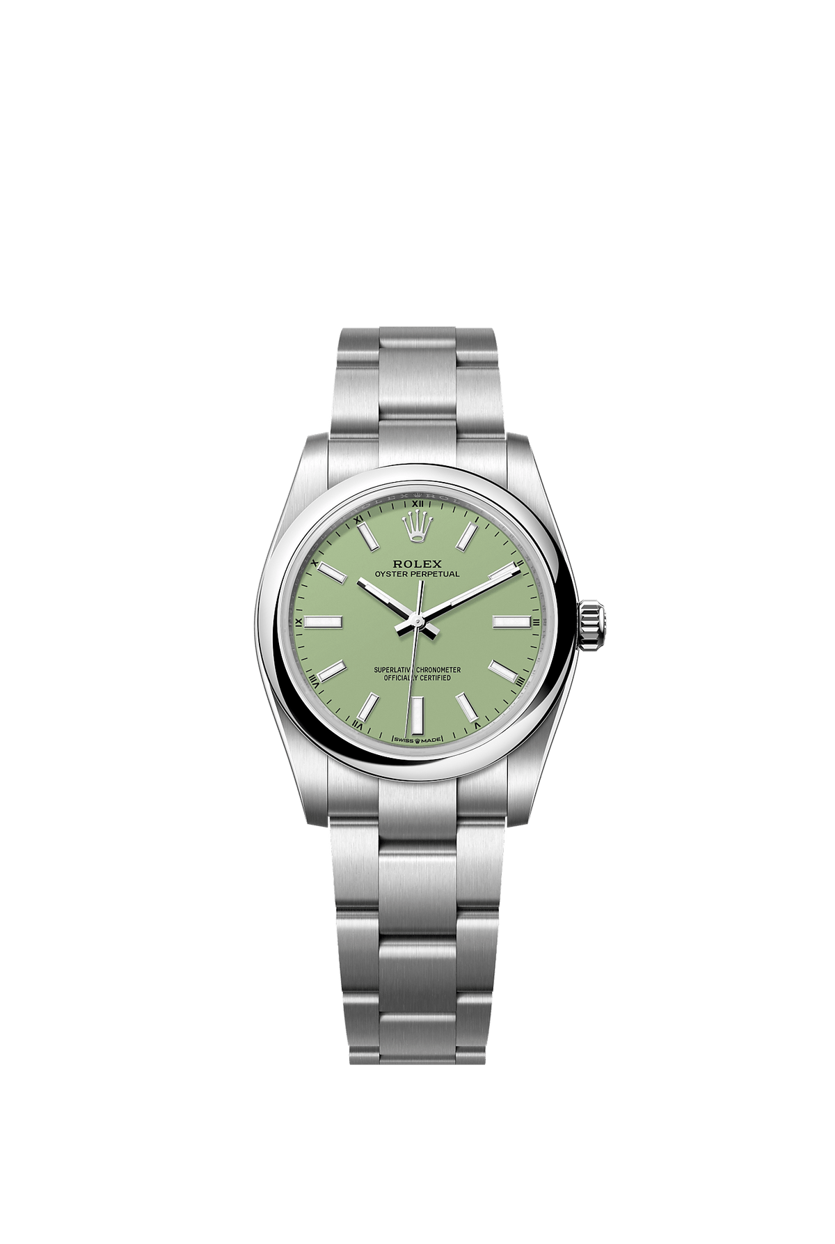 ساعة Oyster Perpetual 34 من الفولاذ Oystersteel بميناء بلون الفستق وسوار Oyster، مقاس 34 مم، ذاتية التعبئة