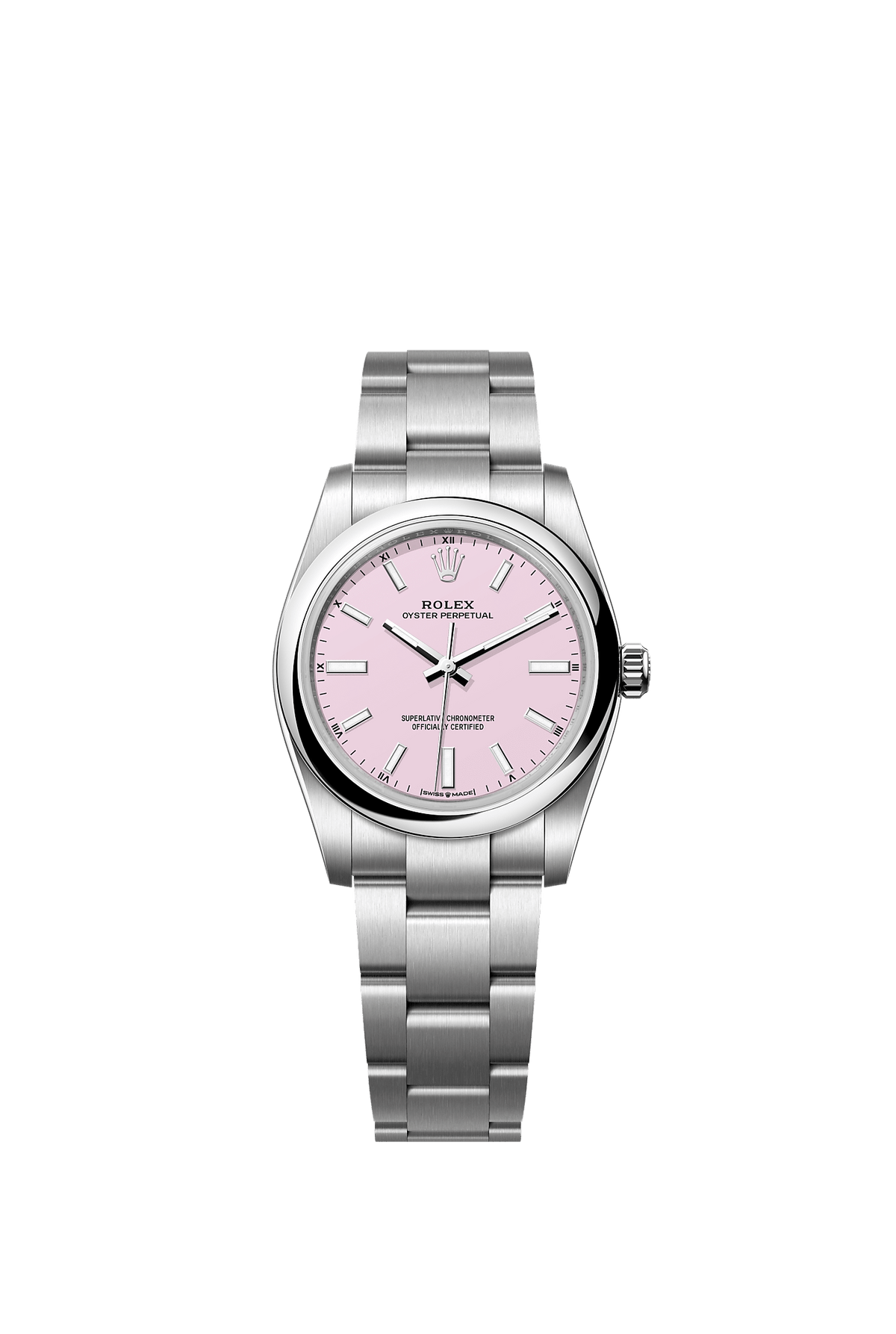 ساعة Oyster Perpetual 34 من الفولاذ Oystersteel، ميناء باللون الوردي Candy Pink، سوار Oyster، مقاس 34 مم، ذاتية التعبئة