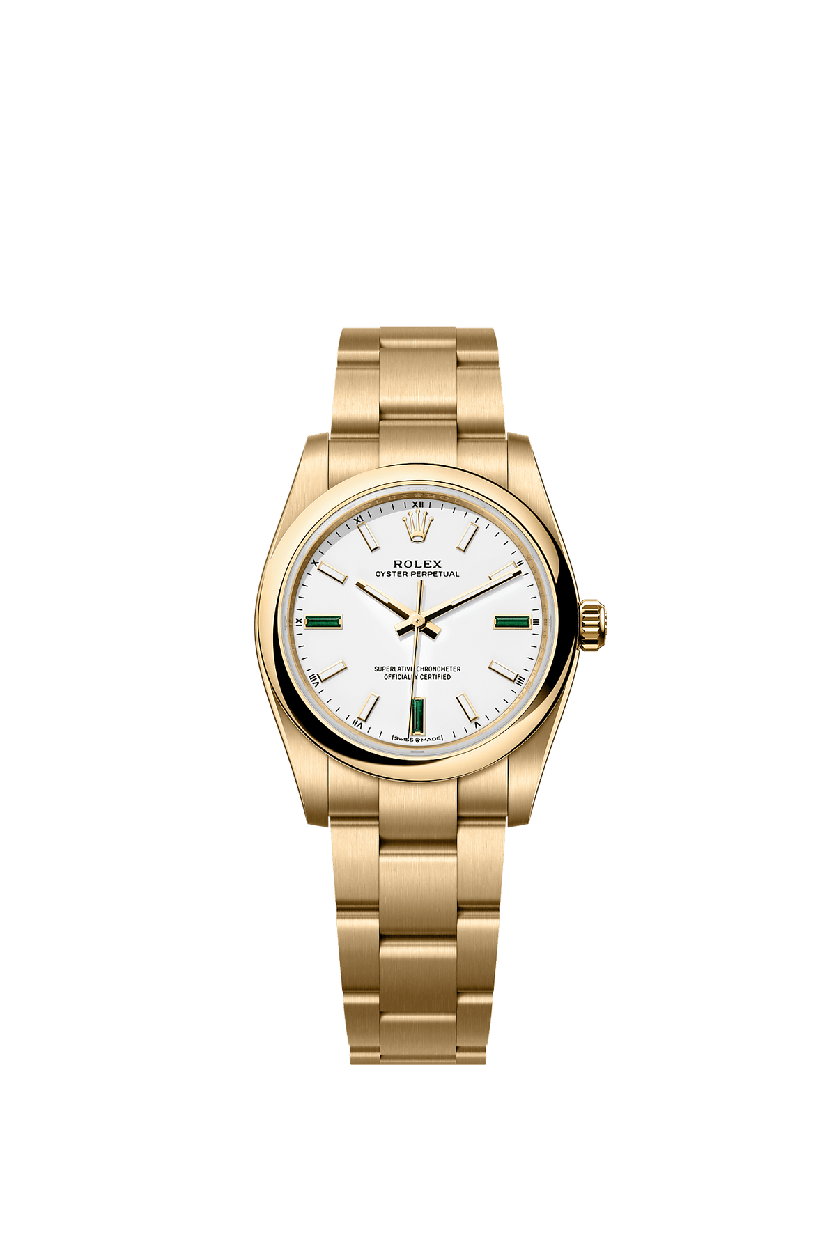 ساعة أويستر بربتشوال 34 كرونومتر، مقاس 34 مم، مصنوعة من ذهب أصفر عيار 18 قيراط، ميناء أبيض، وسوار أويستر.