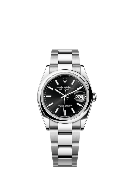 ساعة Datejust 36 بقطر 36 مم من فولاذ Oystersteel، ميناء أسود لامع، وسوار Oyster، ذاتية التعبئة