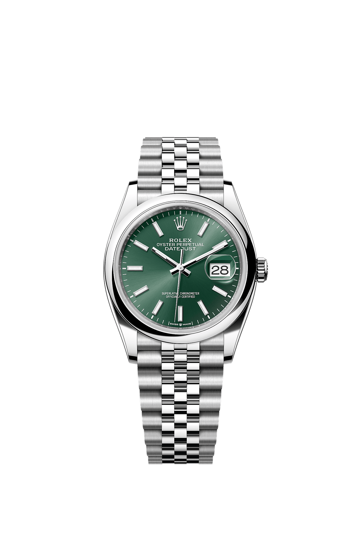 ساعة Datejust 36 بقطر 36 مم من الفولاذ Oystersteel، ميناء أخضر بنمط أشعة الشمس، وسوار Jubilee، ذاتية التعبئة