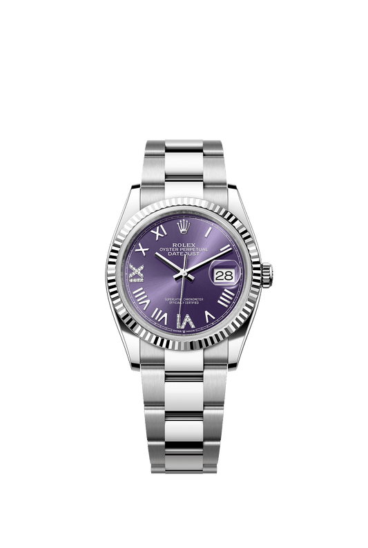 Datejust 36 Oyster Perpetual Chronometer Watch 36mm White Rolesor Aubergine Diamond Dial Oyster Bracelet