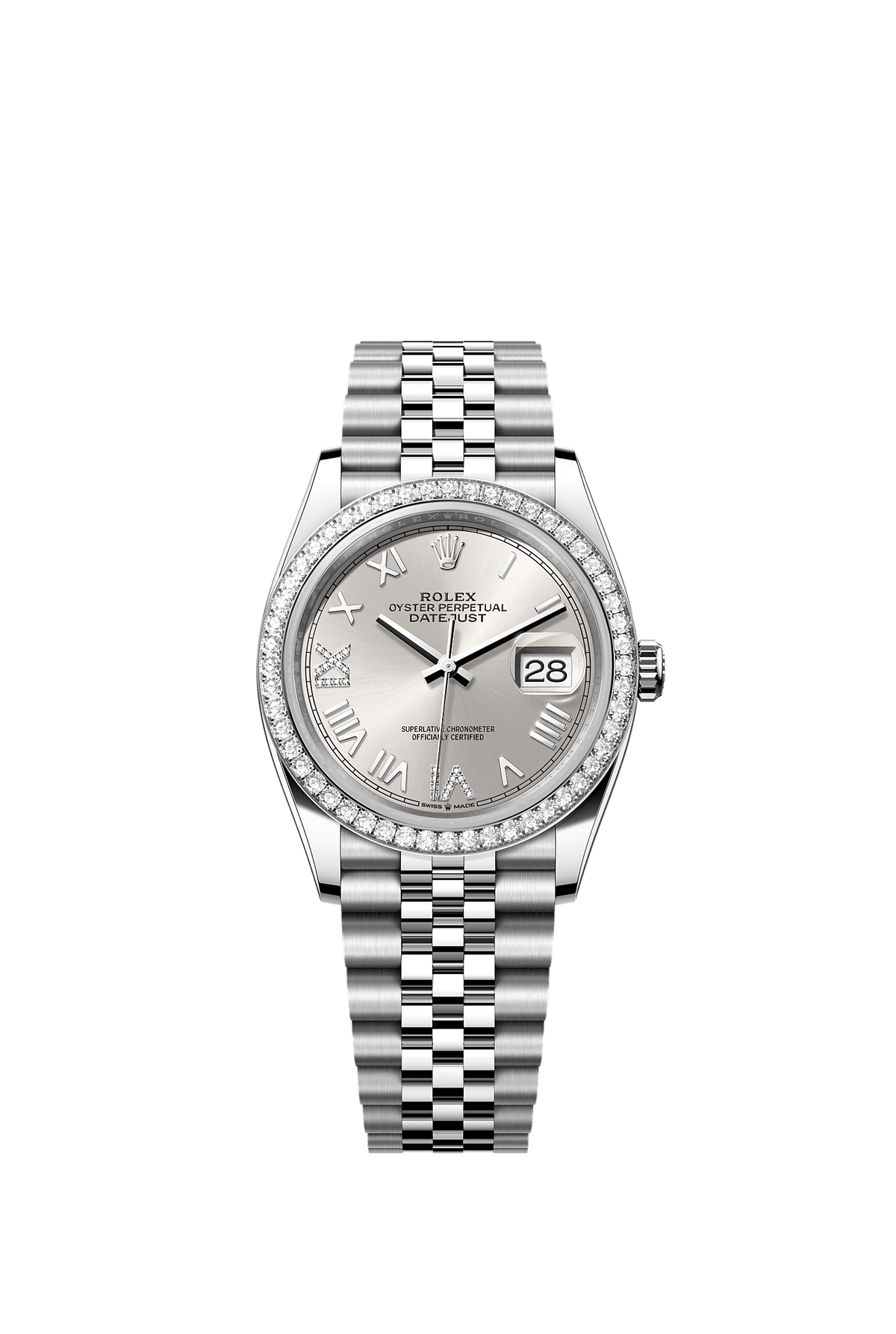 Datejust 36 Oyster Perpetual Chronometer Watch 36mm Oystersteel White Gold Diamond Bezel Silver Diamond Dial Jubilee Bracelet