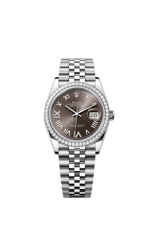 Datejust 36 Oyster Perpetual Chronometer Watch 36mm Oystersteel White Gold Diamond Bezel Dark Grey Diamond Dial Jubilee Bracelet