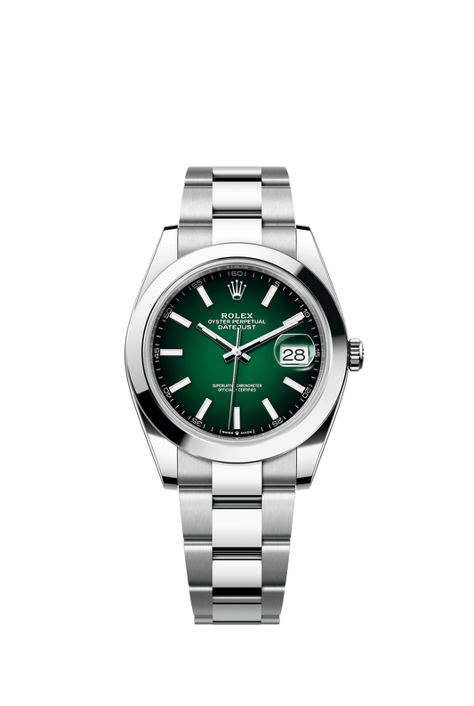 ساعة Datejust 41 بقطر 41 مم من الفولاذ Oystersteel، ميناء أخضر متدرج، إطار أملس، وسوار Jubilee، ذاتية التعبئة