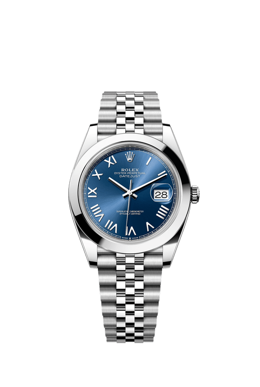 ساعة Datejust 41 بقطر 41 مم من فولاذ Oystersteel، ميناء أزرق زاهٍ، إطار أملس، وسوار Jubilee، ذاتية التعبئة