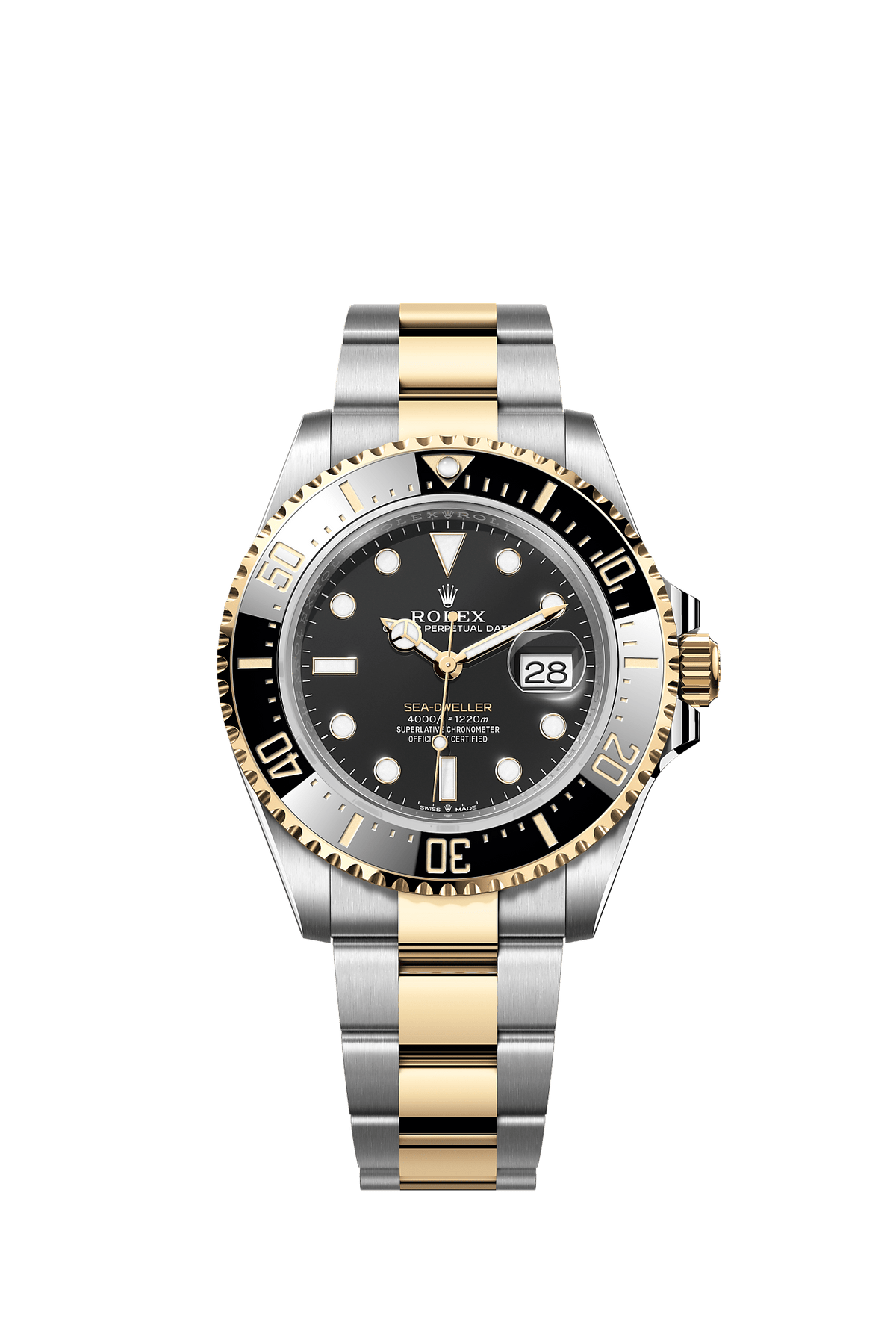 ساعة Sea-Dweller مقاس 43 مم من فولاذ Oystersteel وذهب أصفر مع ميناء أسود مكثف وسوار Oyster ذاتية التعبئة