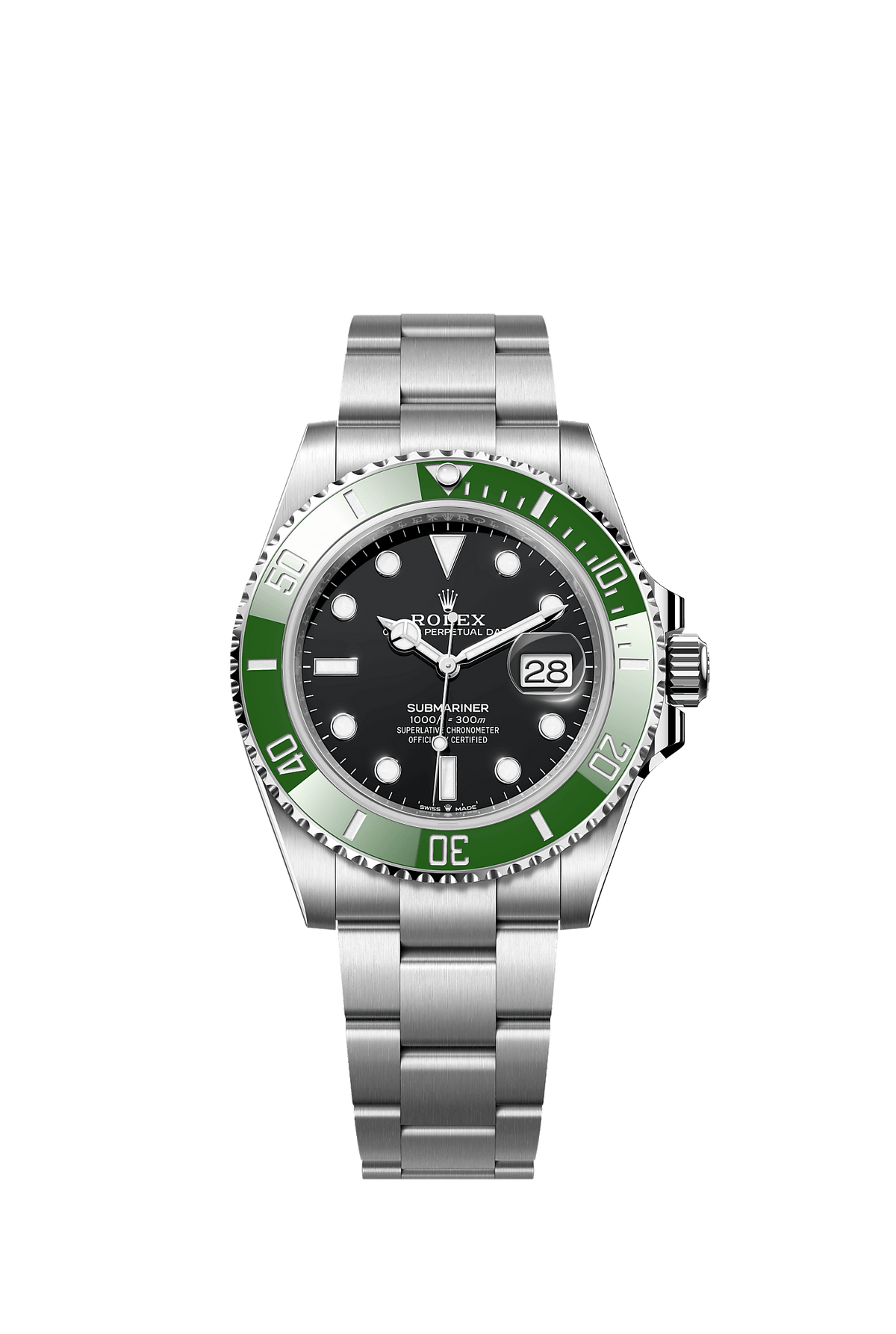 ساعة Submariner Date مقاس 41 مم من فولاذ Oystersteel، ميناء أسود، إطار Cerachrom أخضر، وسوار Oyster، ذاتية التعبئة