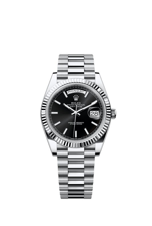 Day-Date 40 40mm 950 Platinum Bright Black Sunray Dial Fluted Bezel President Bracelet Self-Winding Watch