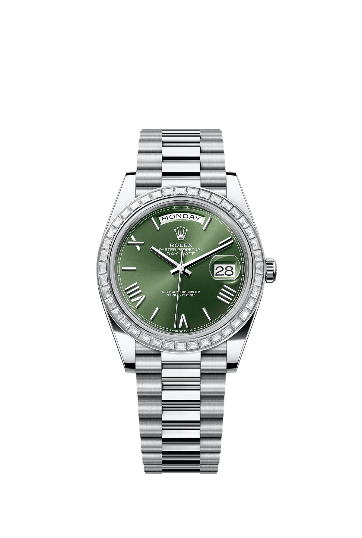 Day-Date 40 40mm 950 Platinum Olive Green Dial Diamond Bezel President Bracelet Self-Winding Watch