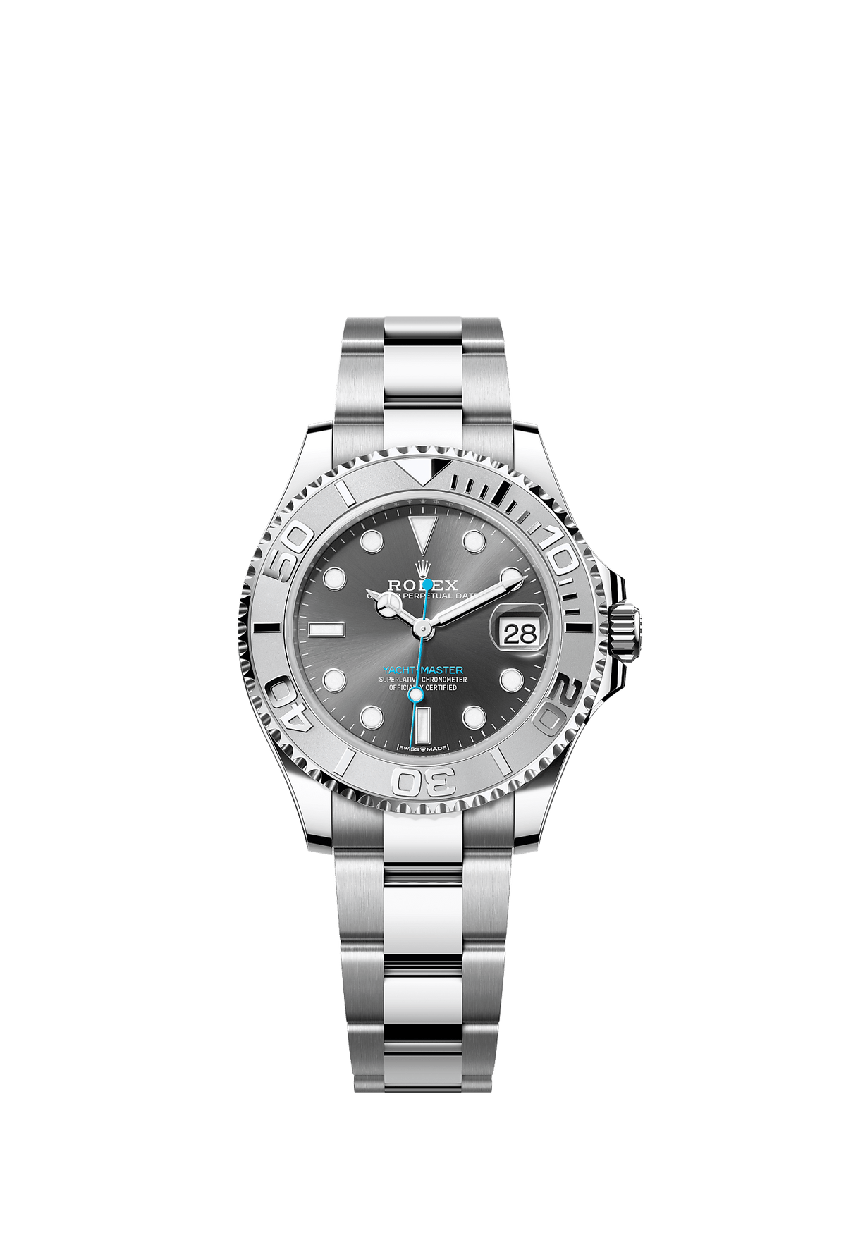 ساعة Yacht-Master 37 بقطر 37 مم، مصنوعة من فولاذ Oystersteel والبلاتين، مع ميناء بلون رمادي وسوار Oyster، ذاتية التعبئة