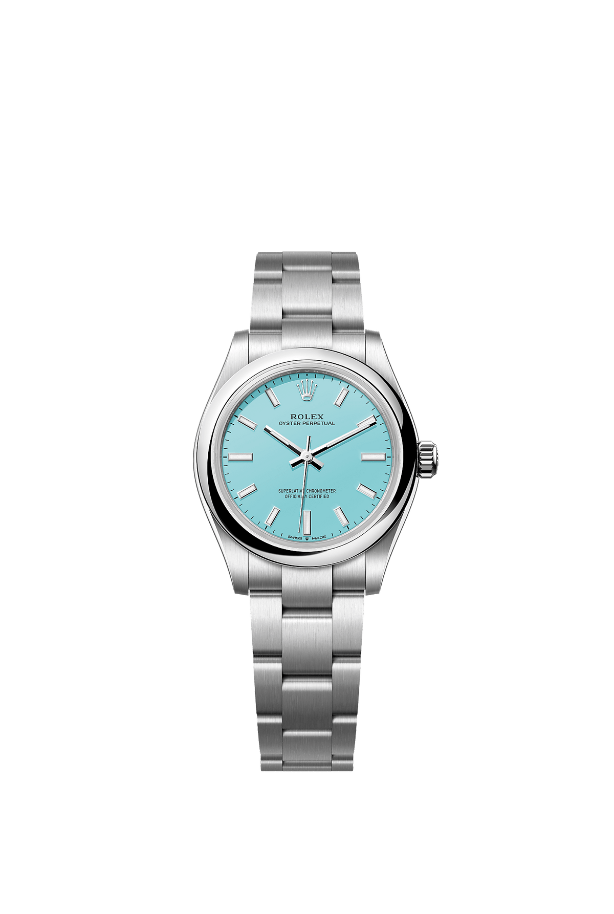 ساعة Oyster Perpetual 31 بقطر 31 مم، مصنوعة من فولاذ Oystersteel، مع ميناء باللون الأزرق الفيروزي وسوار Oyster، تعمل بحركة ذاتية التعبئة