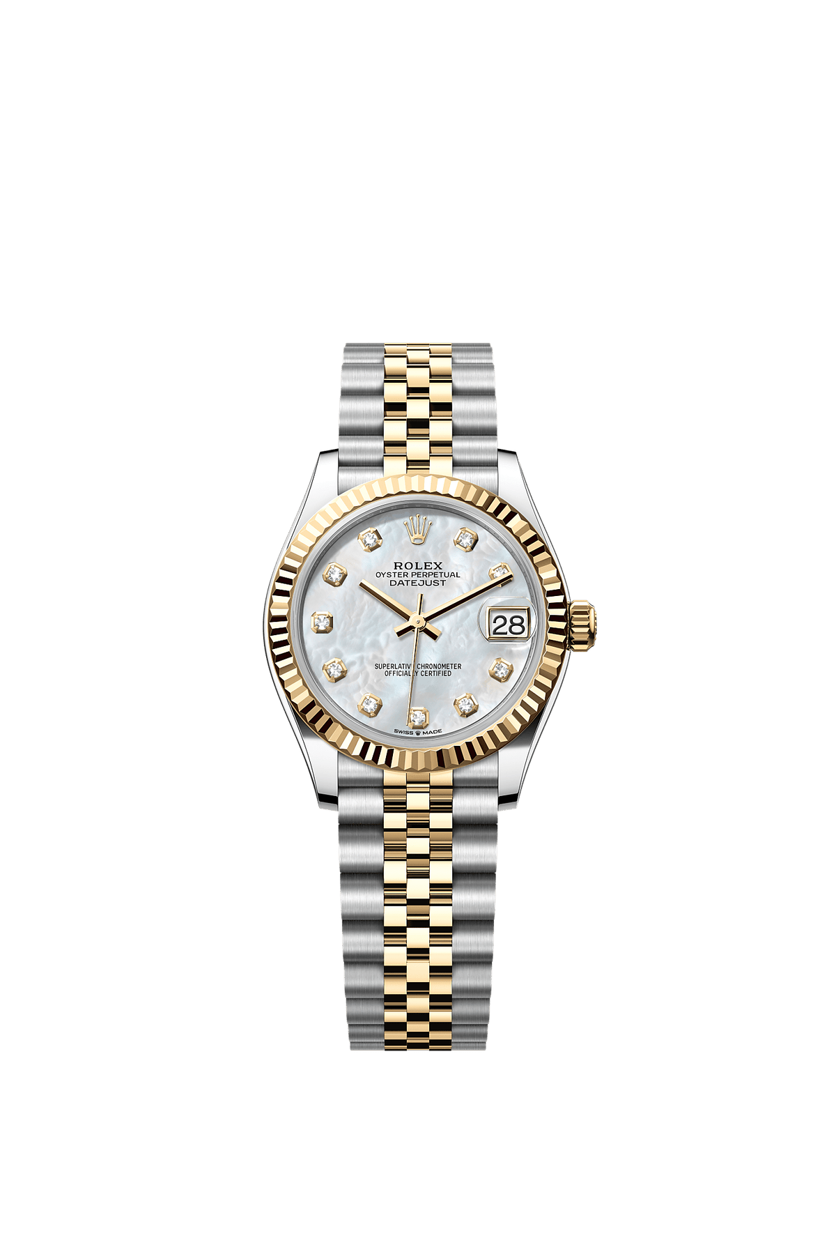 Datejust 31 Oystersteel Yellow Gold White Mother-Of-Pearl Diamond Dial Fluted Bezel Jubilee Bracelet 31mm Self-Winding Watch