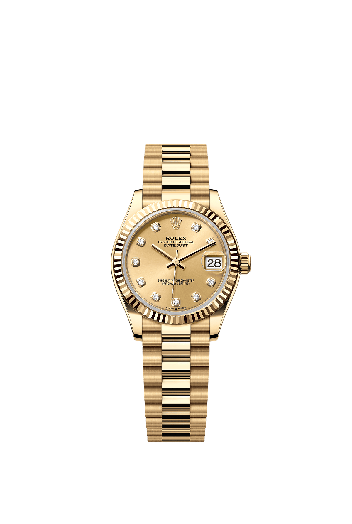 Datejust 31 Oyster Chronometer Watch 31mm 18ct Yellow Gold Champagne Diamond Dial President Bracelet