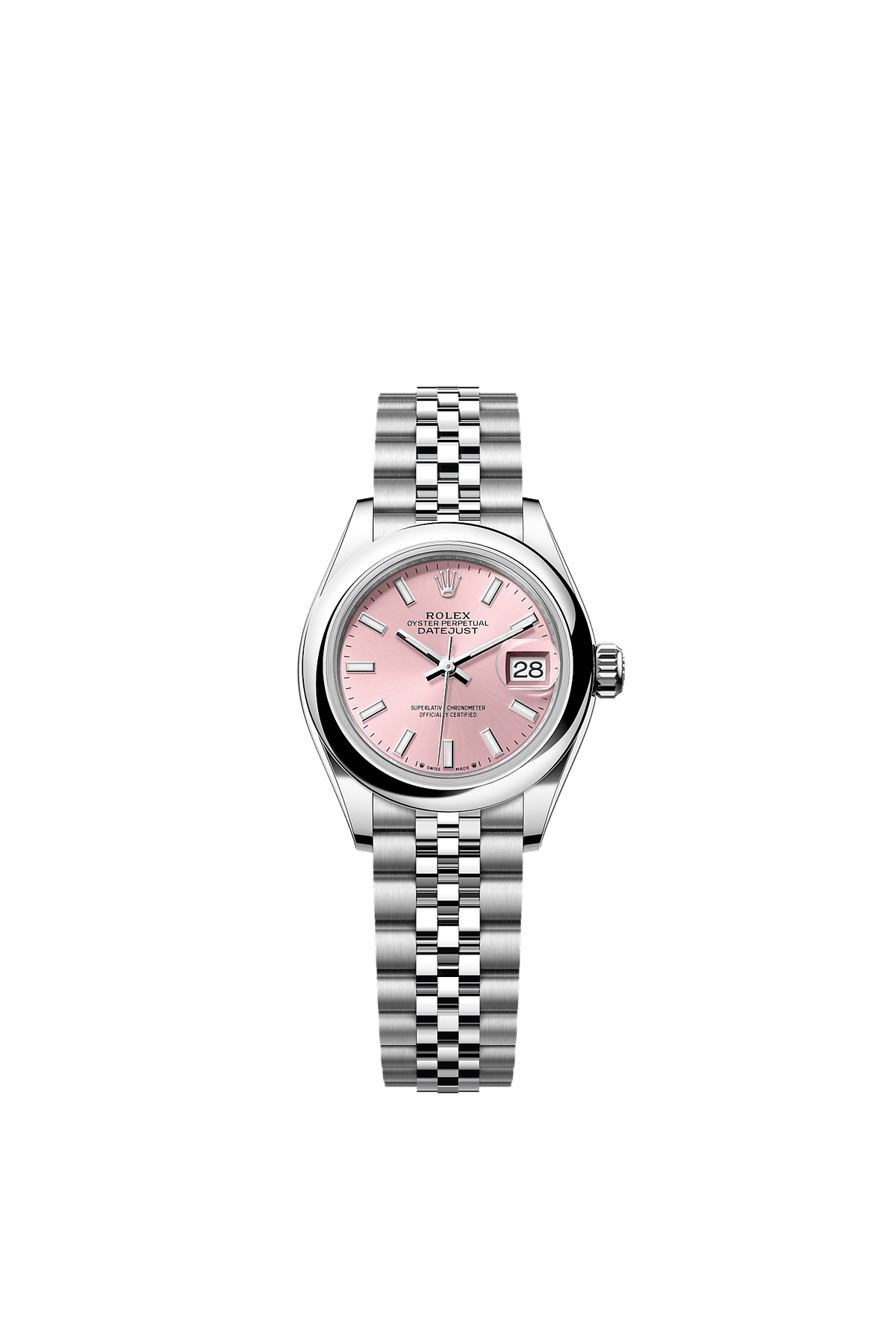 ساعة Lady-Datejust 28 من الفولاذ Oystersteel بميناء وردي وسوار جوبيلي، مقاس 28 مم، ذاتية التعبئة
