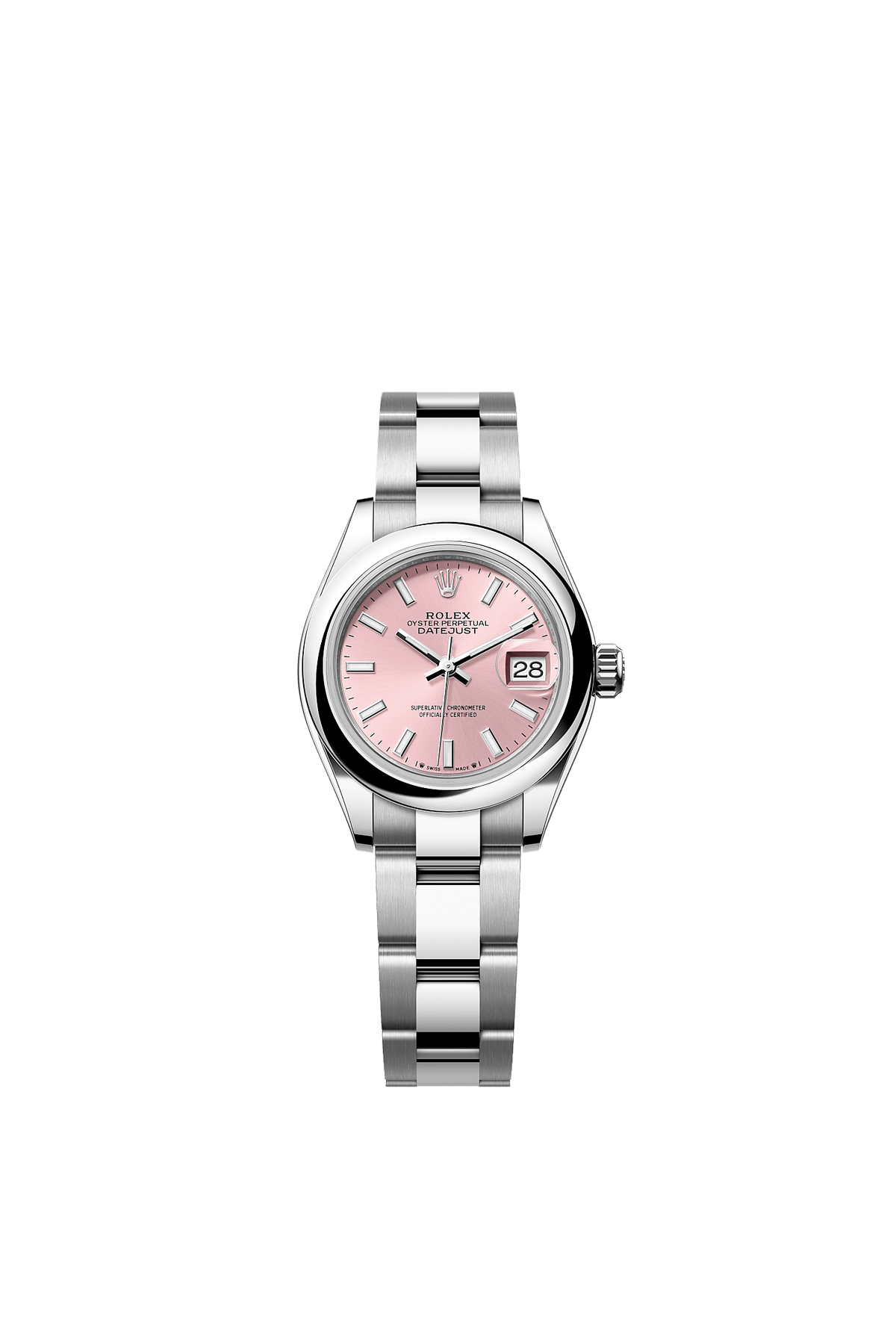 ساعة Lady-Datejust 28 من الفولاذ Oystersteel بميناء وردي وسوار Oyster مقاس 28 مم ذاتية التعبئة