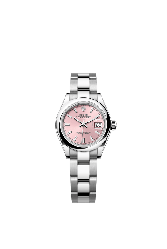 ساعة Lady-Datejust 28 من الفولاذ Oystersteel بميناء وردي وسوار Oyster مقاس 28 مم ذاتية التعبئة