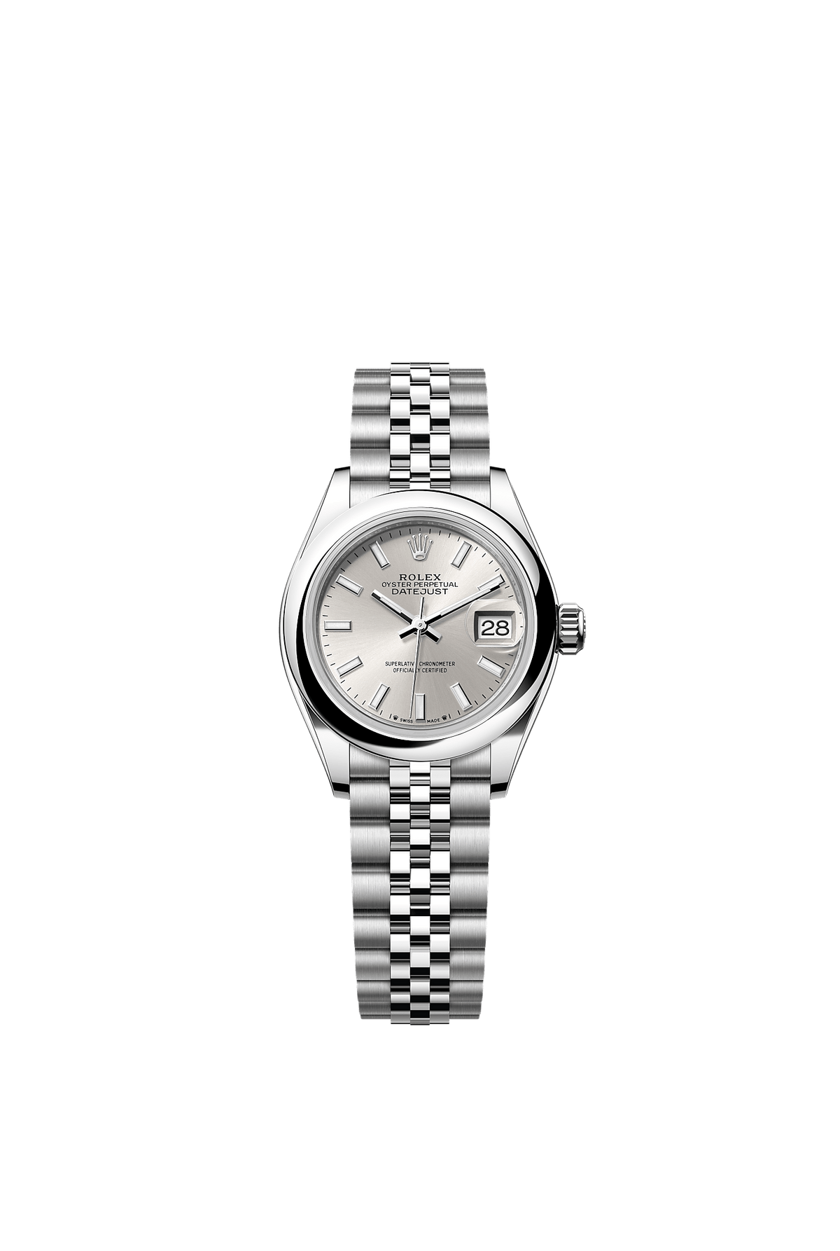 ساعة Lady-Datejust 28 من رولكس، مصنوعة من فولاذ Oystersteel، بميناء فضي وسوار Jubilee، مقاس 28 مم، ذاتية التعبئة