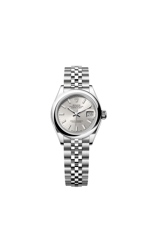 ساعة Lady-Datejust 28 من رولكس، مصنوعة من فولاذ Oystersteel، بميناء فضي وسوار Jubilee، مقاس 28 مم، ذاتية التعبئة