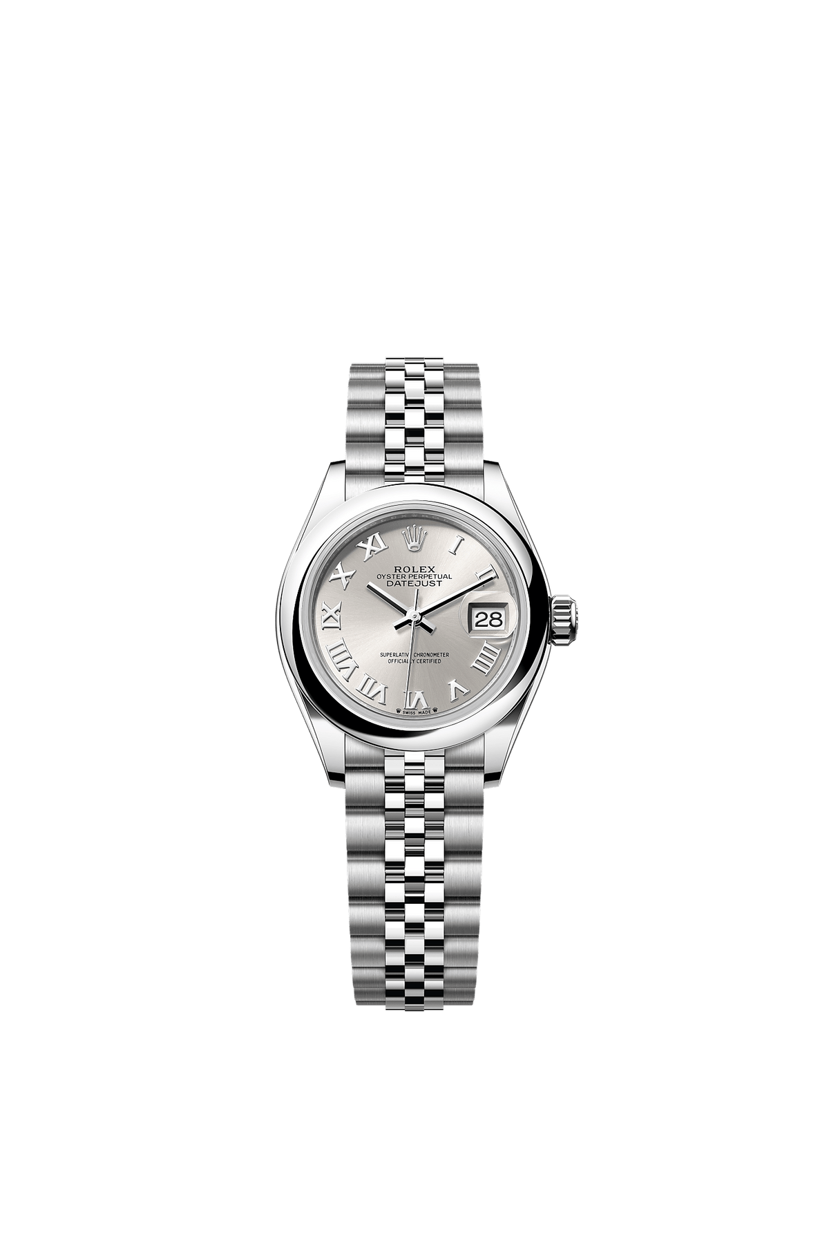 ساعة Lady-Datejust 28 من الفولاذ Oystersteel، ميناء فضي بنمط أشعة الشمس، سوار Jubilee، مقاس 28 مم، ذاتية التعبئة