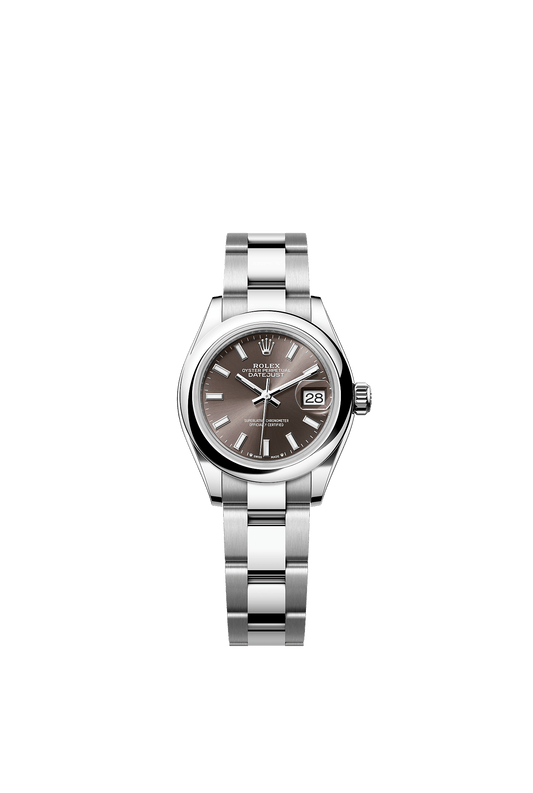 ساعة Lady-Datejust 28 من الفولاذ Oystersteel، ميناء باللون الرمادي الداكن، سوار Oyster، مقاس 28 مم، ذاتية التعبئة