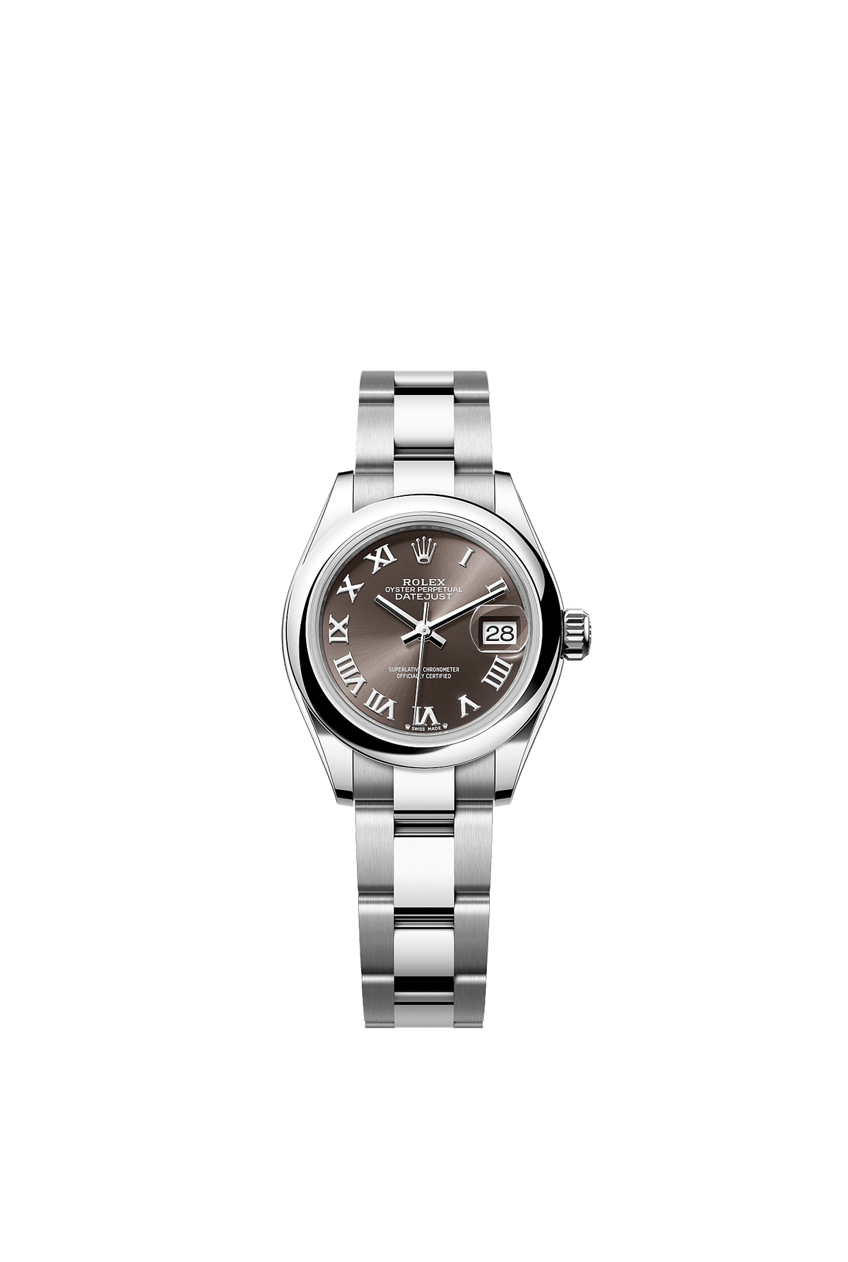 ساعة Lady-Datejust 28 من الفولاذ Oystersteel، ميناء باللون الرمادي الداكن، سوار Oyster، مقاس 28 مم، ذاتية التعبئة